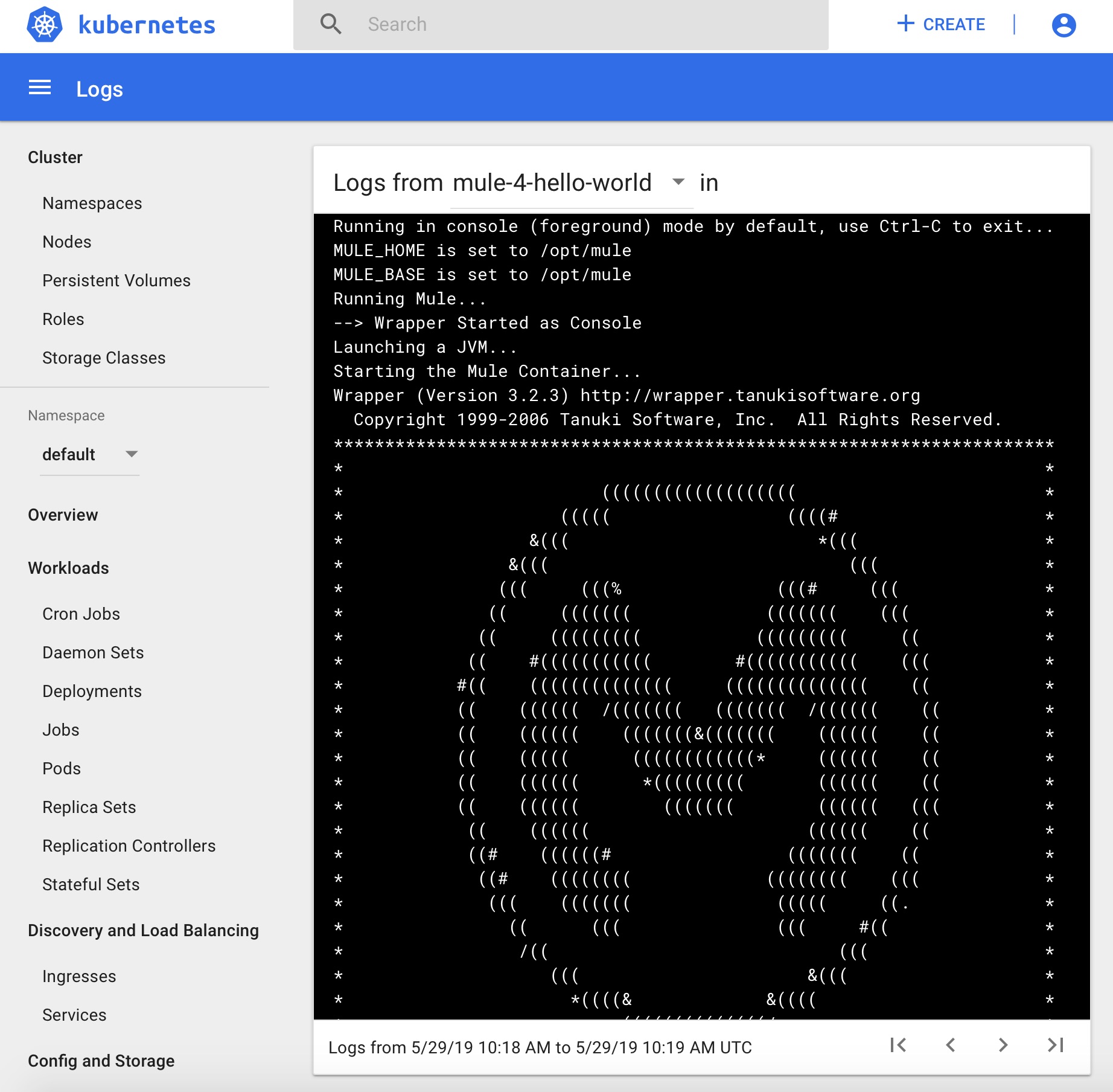 Kubernetes pods screen with the logs for a mule pod