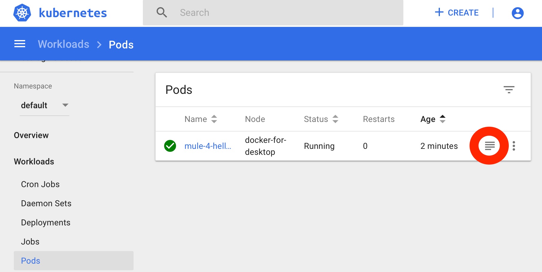 Kubernetes pods screen with a mule pod